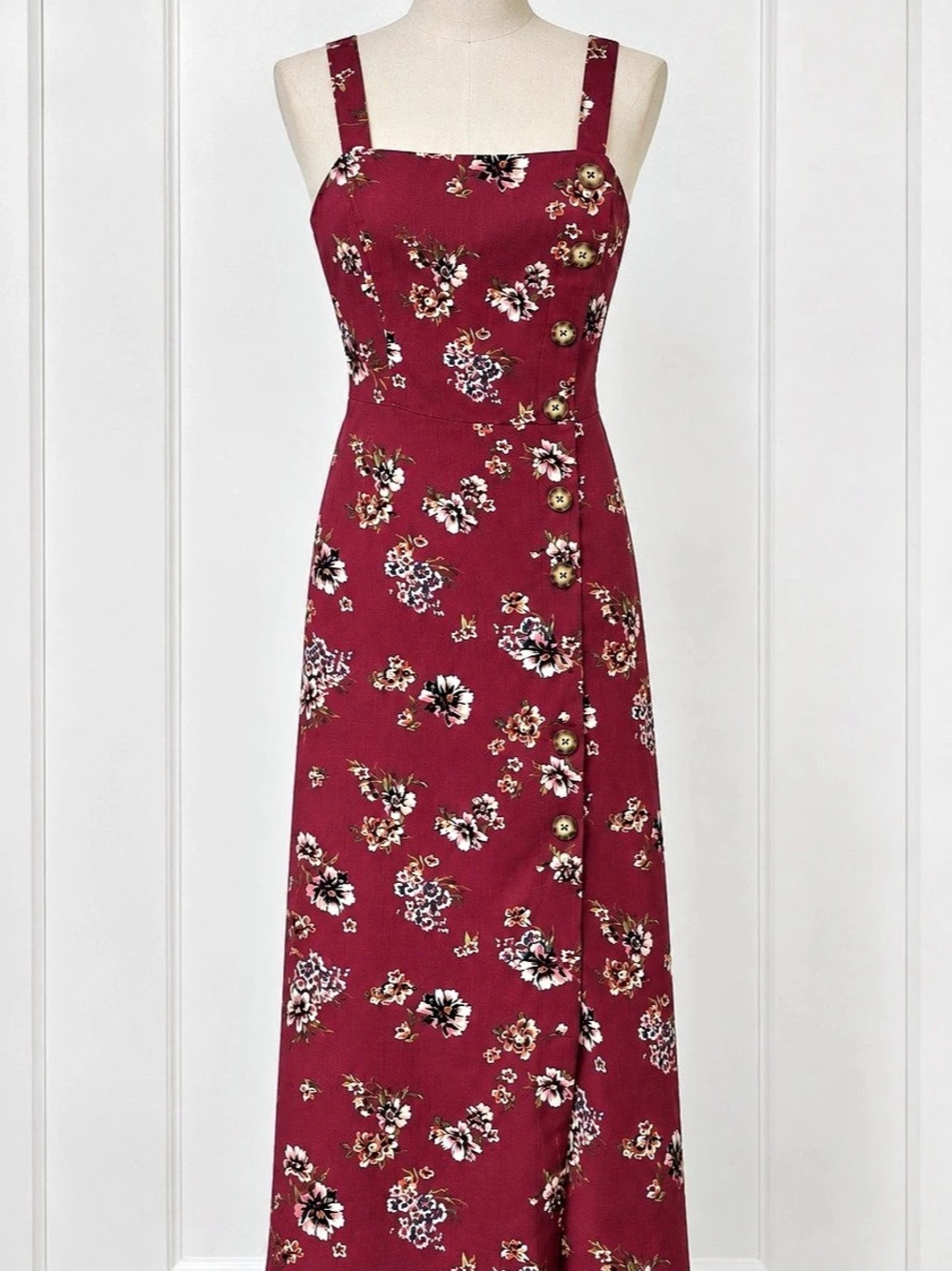 Xhilaration Burgundy Floral Button Front Midi Dress Smocked Back Size XS